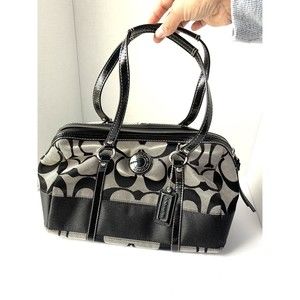 COACH SIGNATURE C STRIPE CANVAS LEATHER TRIM SATCHEL F19563 EUC